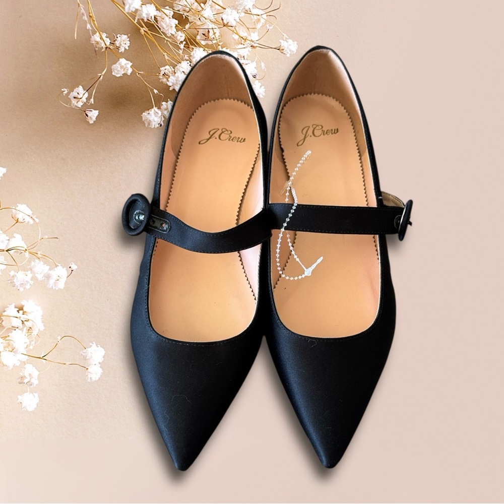 J Crew New Pointy-toe Mary Jane Flats in Black Satin